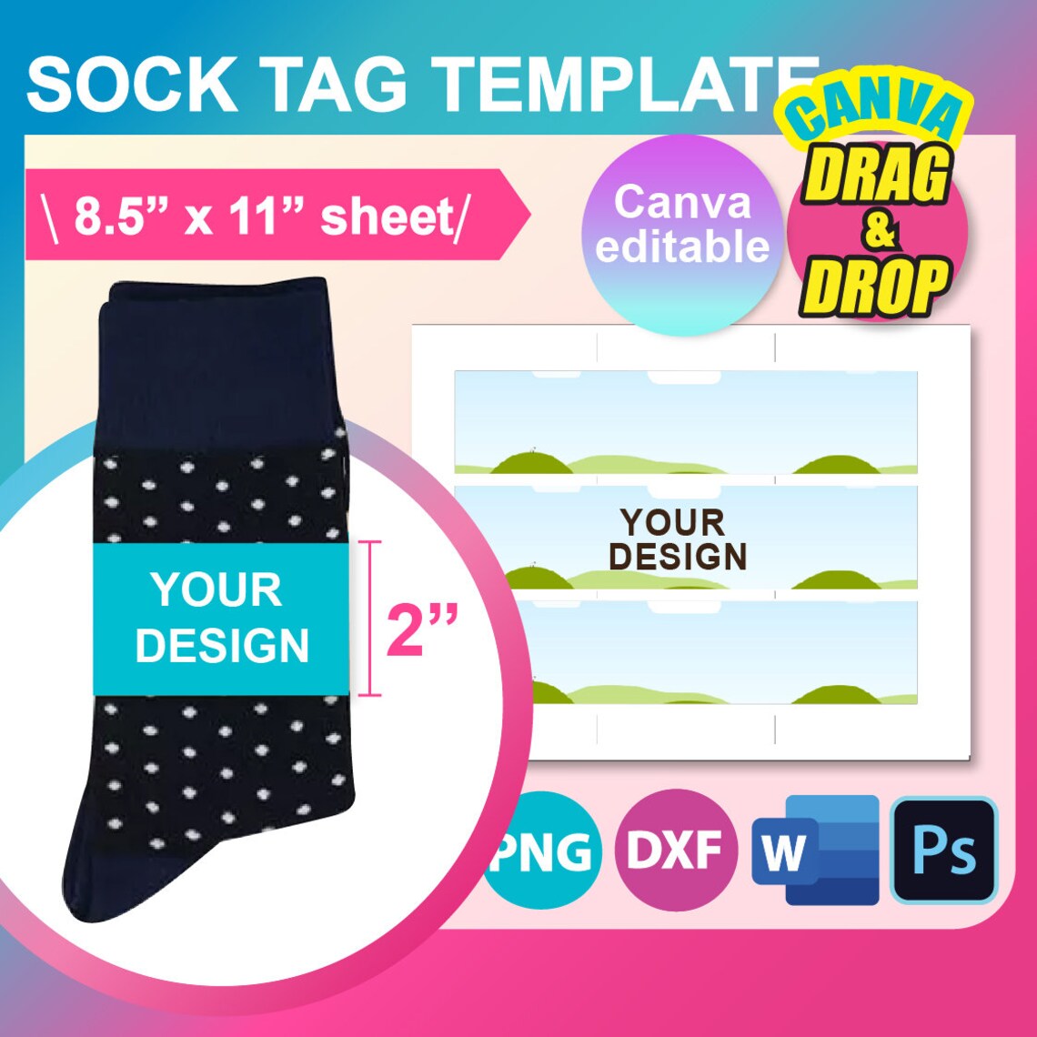 Sock Tag Template, Wrapper Template, Canva, SVG, PNG, PSD, Dxf (digital