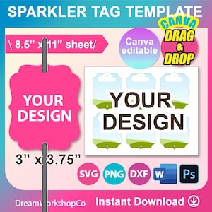 Modelo de tag Sparkler, modelo SVG de tag de palha, Svg, DXF, Canva, Ms word Docx, Png, PSD, folha de 8,5 "x 11", para impressão