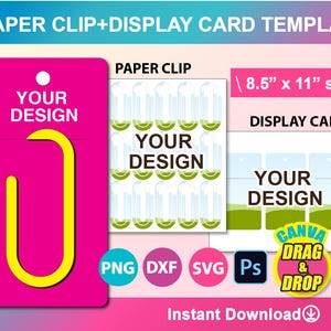 ペーパークリップ SVG、ペーパークリップ ブックマーク テンプレート SVG、ディスプレイ カード Canva、DXF、Png、PSD、8.5"x11" シート、印刷可能