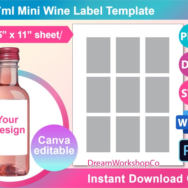 187ml Wine Label Template, Mini wine bottle Labels, SVG, DXF, Canva, Ms Word Docx, Png, PSD, 8.5"x11" sheet, Printable