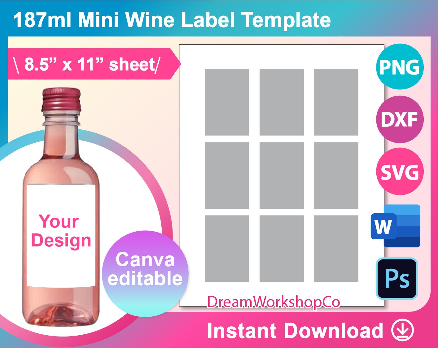187ml Wine Label Template, Mini wine bottle Labels, SVG, DXF, Canva, Ms Word Docx, Png, PSD, 8.5