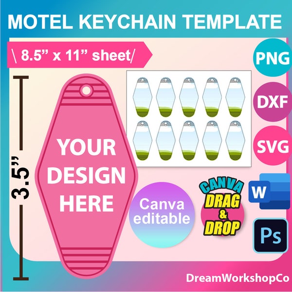 Motel Keychain Template, Sublimation Template, SVG, DXF, Ms Word Docx, Canva, Png, Psd, 8.5"x11" sheet