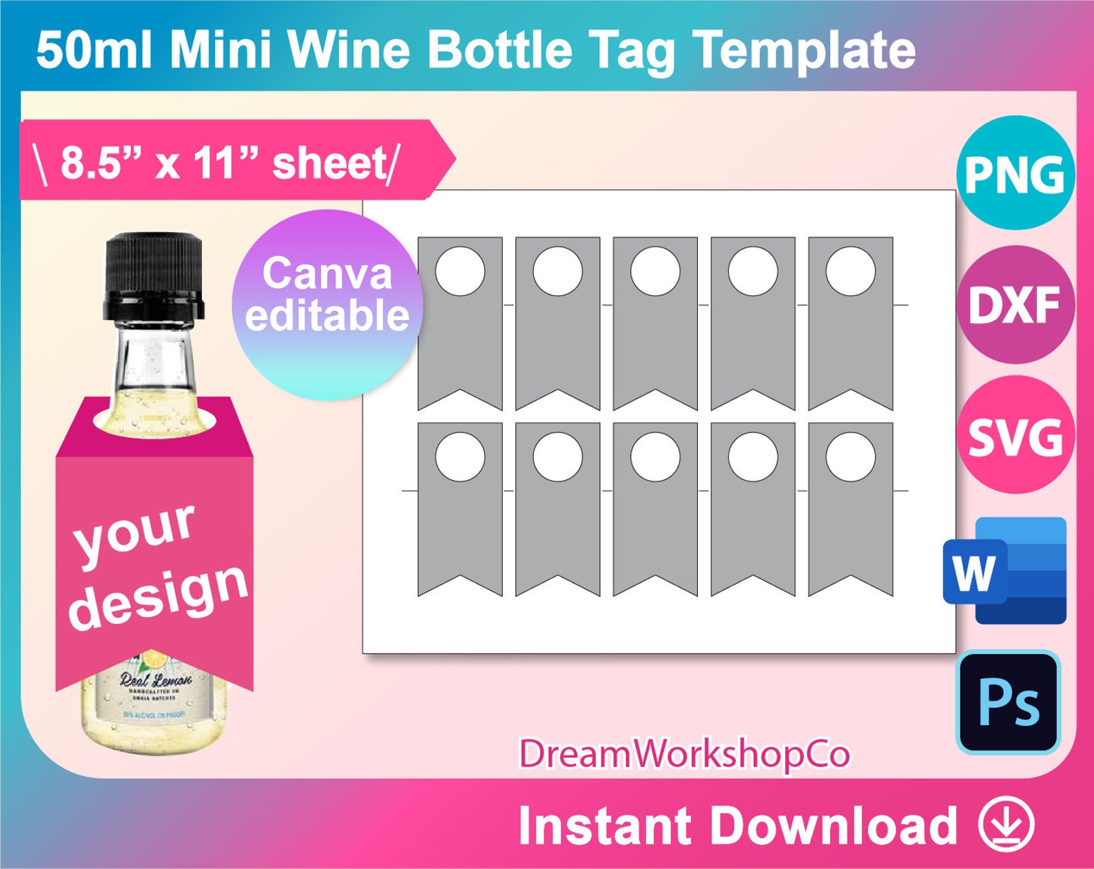 50ml Mini Wine Bottle Tags Template Wine Gift Tag Template Etsy