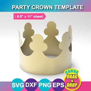 Op de afbeelding: Een lichtbeige feestkroontemplate met een geschulpte bovenkant. De tekst "PARTY CROWN TEMPLATE" staat bovenaan. De tekst "8,5" x 11" sheet" staat boven de kroon. De afbeelding bevat ook de tekst "CANVA DRAG & DROP" en SVG-, DXF-, PNG- en EPS-pictogrammen.
