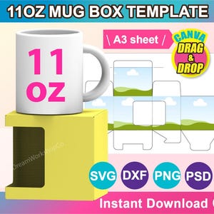Sjabloon mokdoos 11 oz, met venster, sjabloon mokdoos, SVG, DXF, Canva, Ms Word Docx, png, psd, vel A3-formaat, afdrukbaar