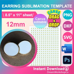 12mm Circle Template, Sublimation Earring template, SVG, DXF, Canva, Ms word Docx, Png, Psd