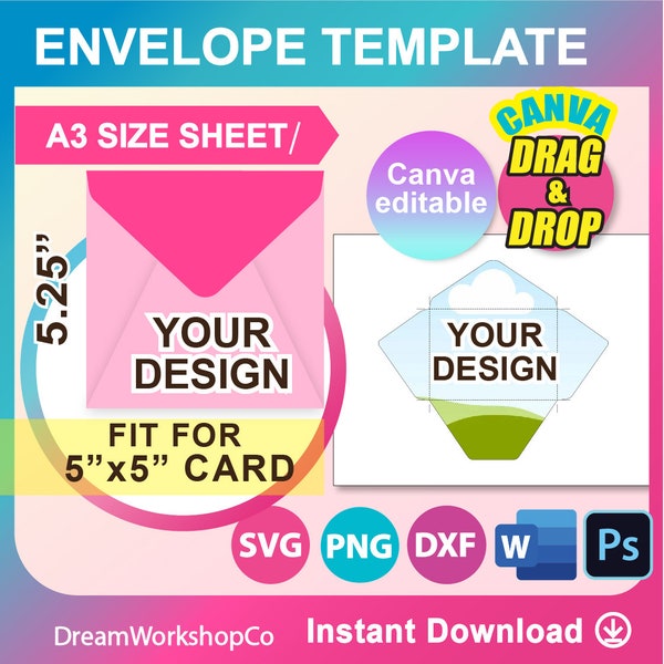 5.25 x 5.25 Square Envelope Template, Ms word, Canva, PSD, PNG, SVG, Dxf, A3 sheet, Printable, Instant Download