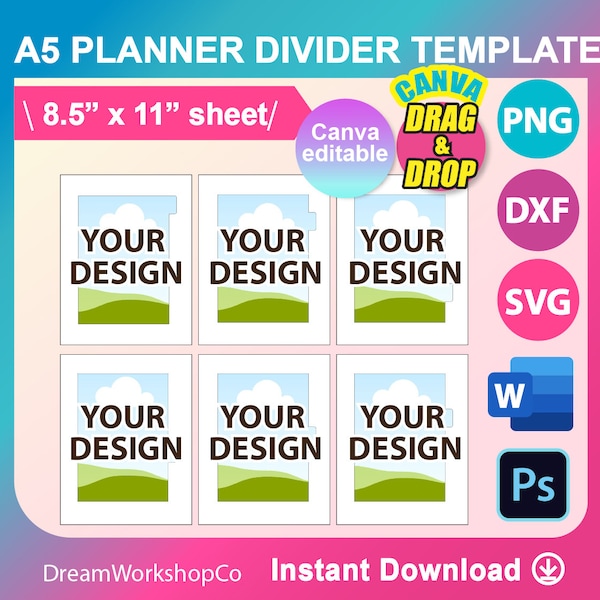 Modèle de séparateur de plan A5, SVG, DXF, Canva, Ms Word Docx, Png, Psd, feuille 8,5 x 11 po, imprimable