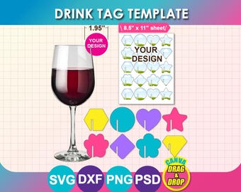 Party Drink Tag, Wine Glass Tag Template, wine name tag, (svg, dxf, png, psd, Canva), Printable (8.5"x11" sheet)