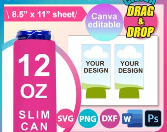 12oz Slim Can Cooler, Beer Cooler Template, Sublimation Template,  SVG,  DXF, Canva, DOCX, Png, Psd, 8.5"x11" sheet, Printable