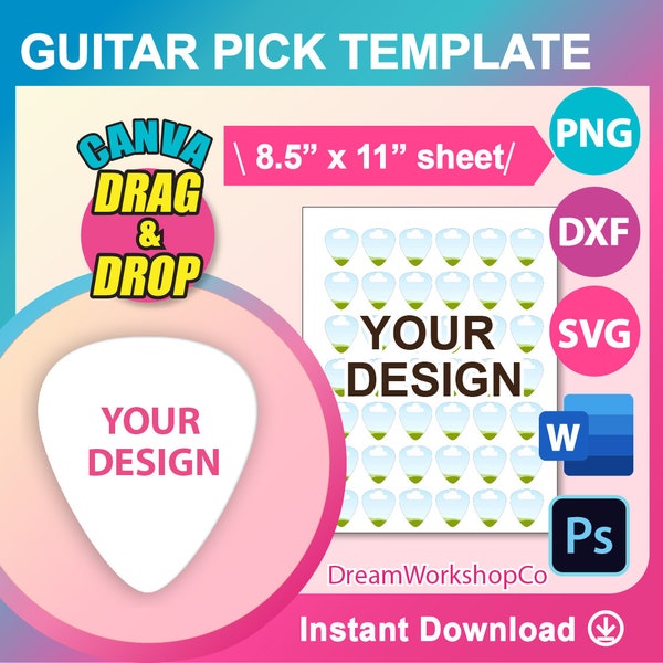 Guitar Pick Template, Guitar Pick, Canva, SVG, DXF, Ms Word docx, Canva, Png, Psd, 8.5"x11" sheet