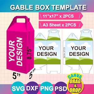 Tall Gable Box Template, Box with Handle Template, Tall Box Svg, Gift Box, Canva, SVG, DXF, Ms Word Docx, Png, Psd, A3 sheet, Printable