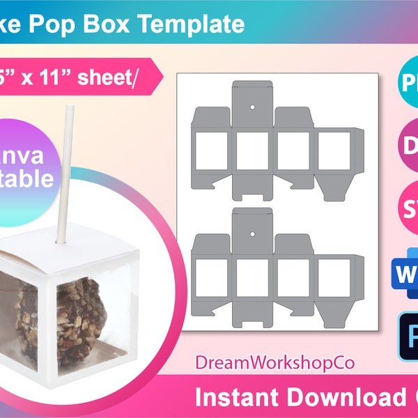 Pop Cake Box Template, Cake Pop Box template, PSD, SVG, DXF, Canva, Ms Word Docx, Png, 8.5"x11" sheet, Printable