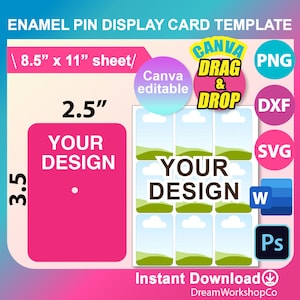 Enamel Pin Display Card Template, Keychain Display Card Template, SVG, Canva, DXF, Ms Word docx, Png, Psd, 8.5"x11" sheet, Printable