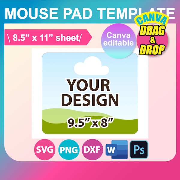Rectangle Mouse Pad template, Mouse Pad Sublimation Template, SVG, DXF, Canva Ms Word docx, Png, Psd, 8.5"x11" sheet, Printable
