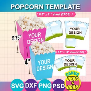 Mallpaket för popcornbox, Canva (svg, dxf, png, psd, docx) (digital nedladdning)