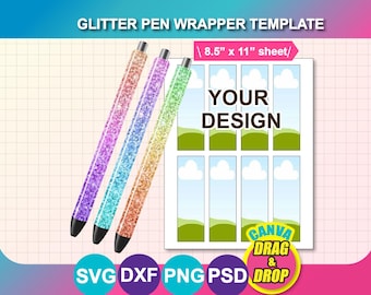 Glitter Pen Wrapper Template, Glitter Pen Box Template SVG, DXF, Canva, Ms Word Docx, Png, Psd, 8.5x11 size sheet, Printable