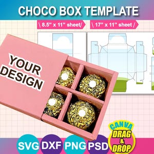 Może przedstawiać: Różowy szablon pudełka na czekoladki z napisem "YOUR DESIGN". Pudełko zawiera cztery czekoladki. Szablon zawiera dwa formaty papieru: 21,6 cm x 28 cm i 43,2 cm x 28 cm. Projekt zawiera również "CANVA DRAG & DROP" oraz ikony SVG, DXF, PNG, PSD.