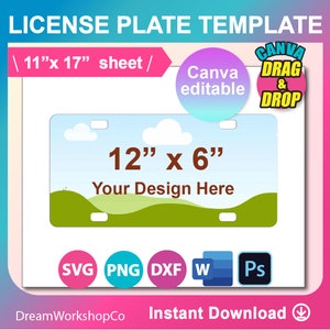 Car License Plate Sublimation Template, license plate template for sublimation, SVG, DXF, Canva, Ms Word Docx, Png, Psd, 11&quot;x17&quot; sheet