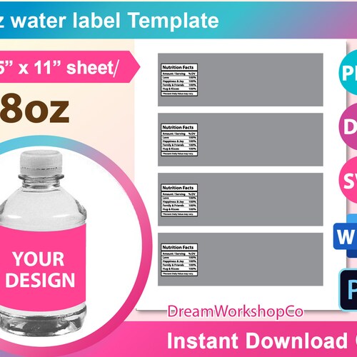 8oz Water bottle Labels template, Blank template SVG, water bottle label template Svg. DXF, Docx, Png, PSD, 8.5
