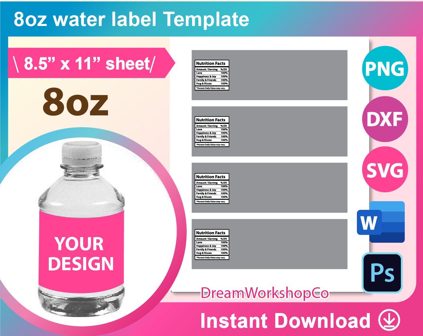 8oz Water bottle Labels template, Blank template SVG, water bottle label template Svg. DXF, Docx, Png, PSD, 8.5