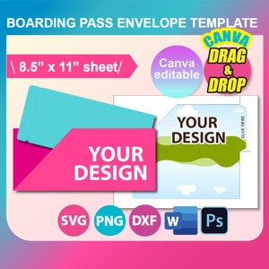 Boarding Pass Envelope Template, Ms word, Canva, PSD, PNG, SVG, Dxf, 8.5x11" sheet, Printable, Instant Download