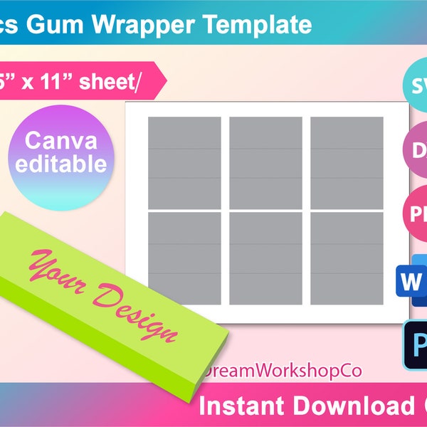 5pcs Gum Wrapper Template, SVG, DXF, Canva, Ms Word Docx, Png, Psd, 8.5"x11" sheet, Printable