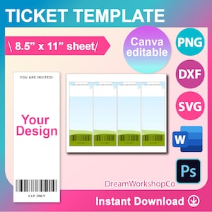 Invitation Ticket Template, Ms word, Canva, PSD, PNG, SVG, Dxf, 8.5x11&quot; sheet, Printable, Instant Download