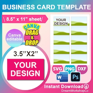 Visitenkarte Vorlage, leere Vorlage, SVG, DXF, Canva, Ms Word docx, Png, Psd, 8,5 "x 11" Blatt, bedruckbar, Instant Download