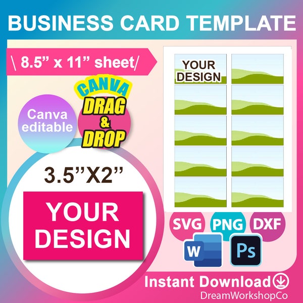 Business Card Template, Blank Template, SVG, DXF, Canva, Ms Word docx, Png, Psd, 8.5"x11" sheet, Printable, Instant Download