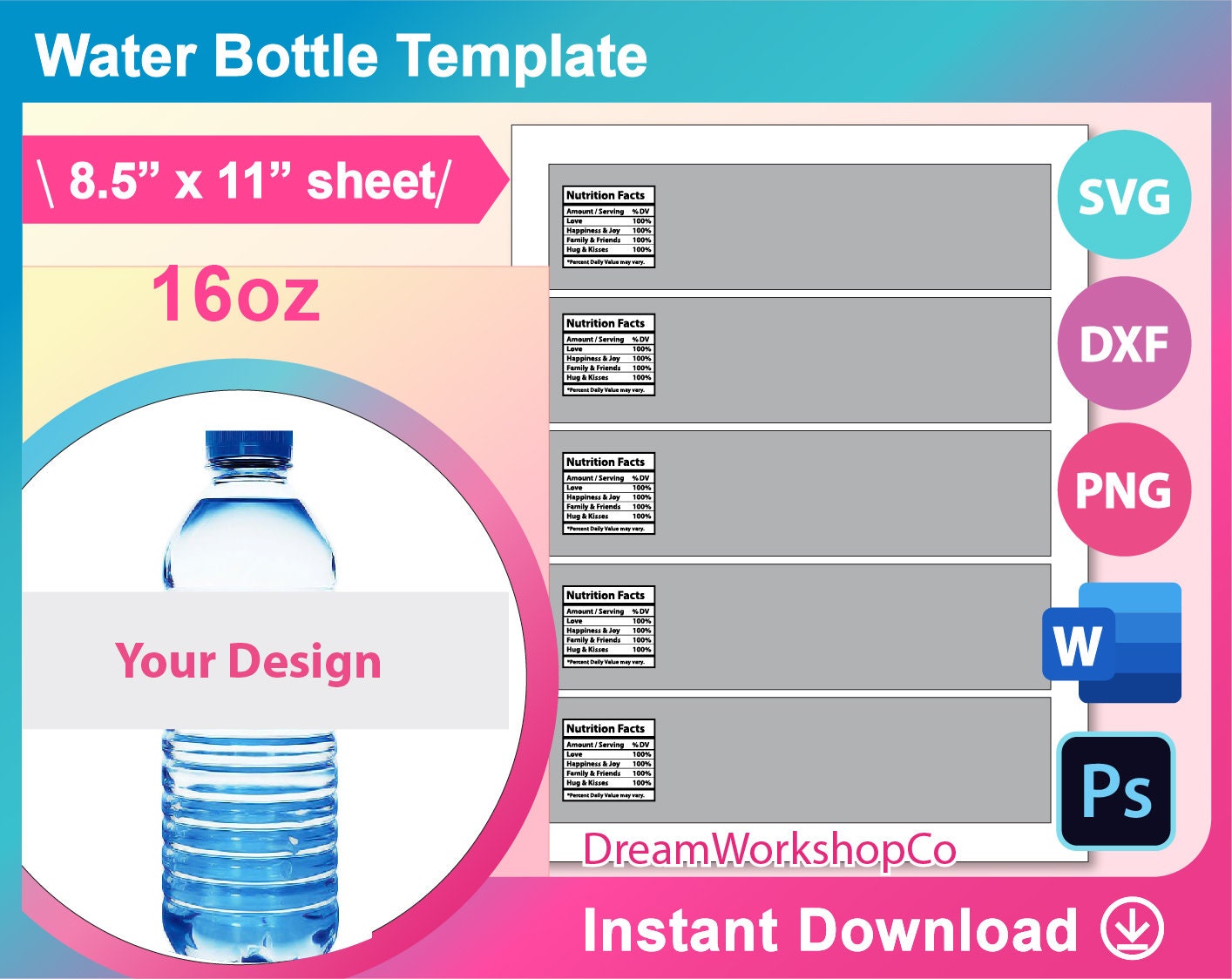 Water bottle Labels template, water bottle label blank template SVG, DXF, Ms Word Docx, Png, PSD, 8.5