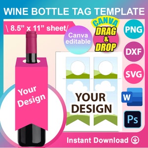 ワイン タグ テンプレート、SVG、DXF、Ms Word Docx、Canva、Png、Psd、8.5"x11" シート、印刷可能