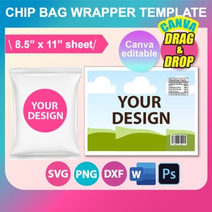 Chip Bag Template, Chip Bag Blank template, SVG, Canva, DXF, Ms Word Docx, Png, Psd, 8.5&quot;x11&quot; sheet, Printable