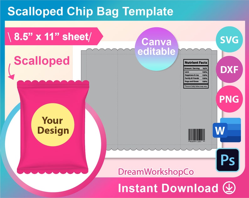 Scalloped Chip Bag Wrapper Template SVG DXF Canva Ms Word - Etsy