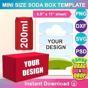 Mini Soda Can Box Template, Soda Box Template, Canva, SVG, DXF, DOCX, Png, Psd, 8.5&quot;x11&quot; sheet, Printable