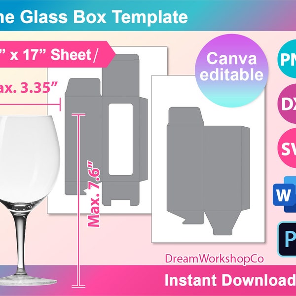 Wine Glass Box Template, Gift Box Template,  Window Box Template, SVG, DXF, Ms Word Docx, Png, Psd, 11" x 17" size sheet, Printable