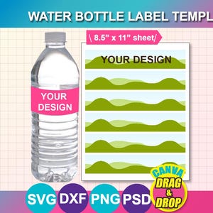 Plantilla de etiqueta para botella de agua (Canva, SVG, DXF, PSD, PNG, hoja de 8,5 x 11 pulgadas, descarga digital)