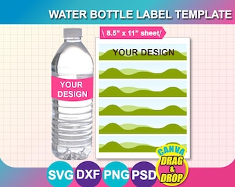 Labelsjabloon waterfles, canvas, SVG, DXF, Psd, png, vel 8,5 x 11, digitale download