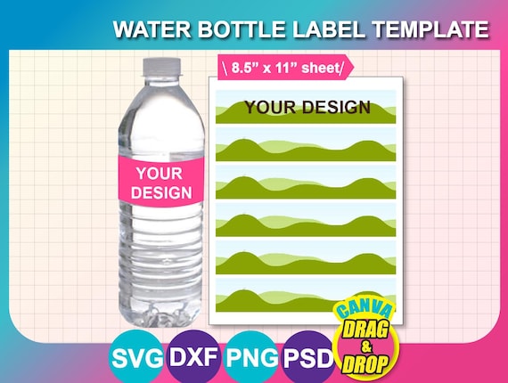 Water Bottle Label Template, Canva, SVG, DXF, Psd, Png, 8.5x11 Sheet, Digital Download