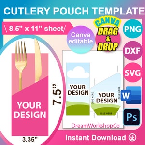 Plantilla de bolsa para cubiertos, plantilla de juego de cubiertos, plantilla de porta cubiertos de papel, SVG, Canva, DXF, Ms Word DOCX, Png, Psd, hoja de 8,5" x 11"