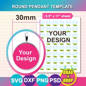 30mm Round Pendant Template, Collage circle template SVG, DXF, Ms Word docx, Png, Psd, 8.5"x11" sheet, Printable, Instant Download