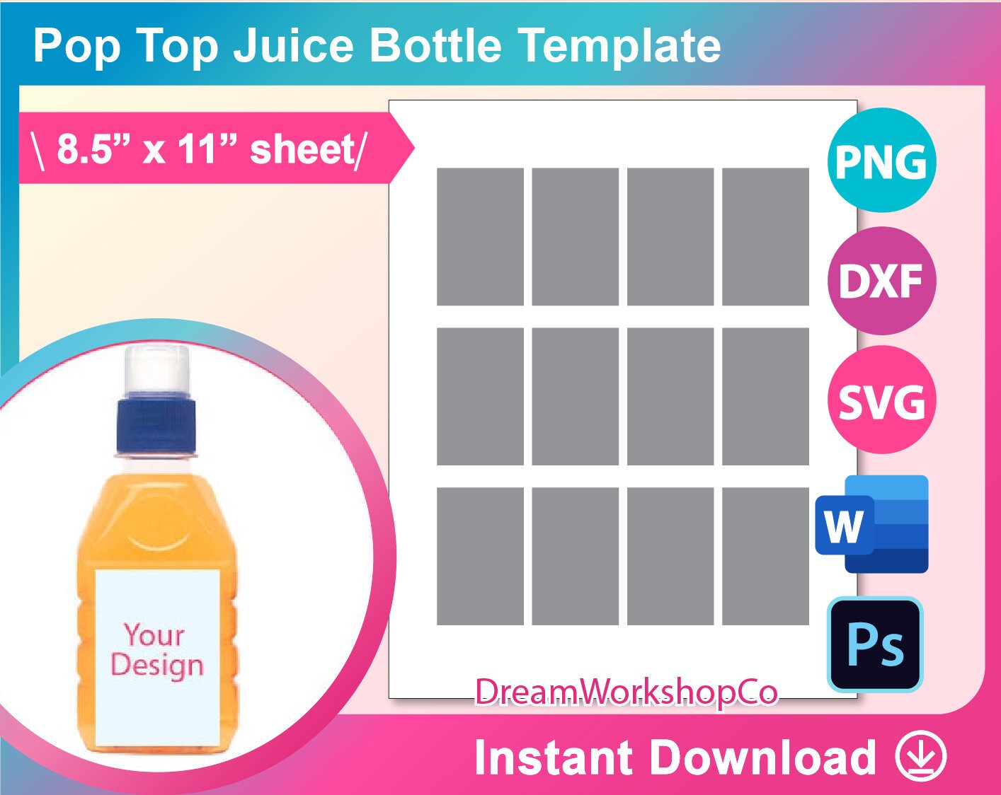 Pop top Bottle Labels template, water bottle label blank template Canva, SVG, DXF, Ms Word Docx, Png, PSD, 8.5