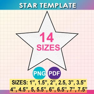 May include: A white star template with 14 size options, ranging from 2.5 cm to 19 cm. The text "STAR TEMPLATE" is at the top. The image includes PNG and PDF file options. The star has a black outline and a pink and white gradient background.
