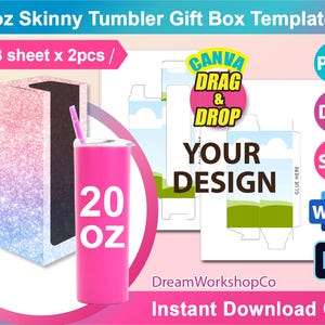 Plantilla para caja de vaso delgado de 20 oz, plantilla para caja de regalo, plantilla para caja con ventana, Canva, SVG, DXF, Ms Word Docx, Png, Psd, hoja tamaño A3, imprimible