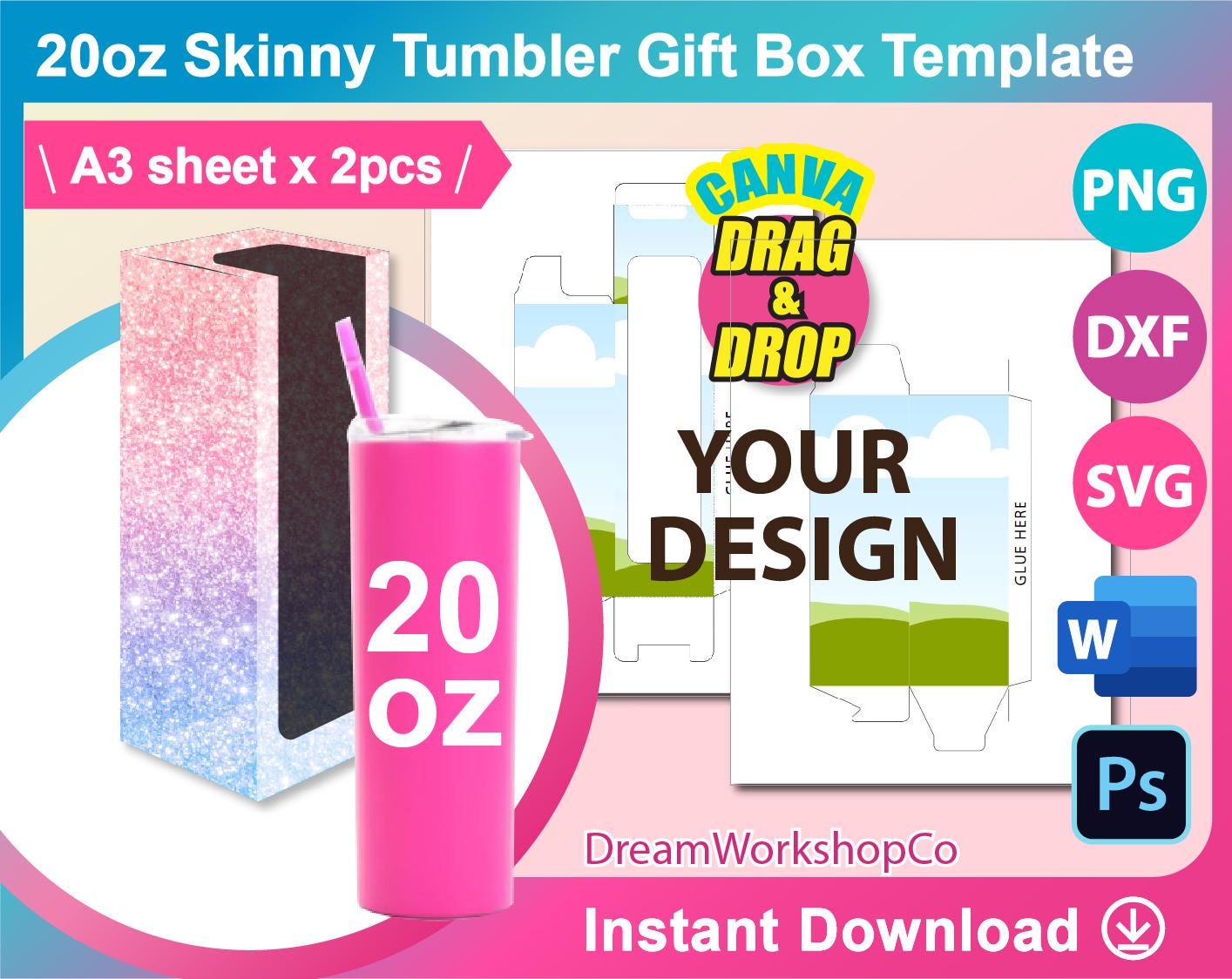 20oz Skinny Tumbler Box Template, Gift Box Template,  Window Box Template, Canva, SVG, DXF, Ms Word Docx, Png, Psd, A3 size sheet, Printable