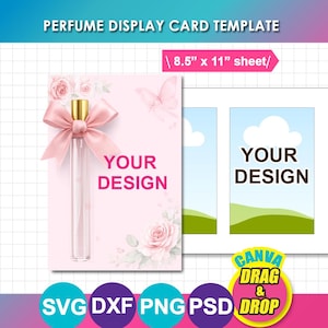 Pode incluir: Um modelo de cartão de exibição de perfume com fundo rosa, ilustrações de rosas, uma borboleta e um frasco de perfume com tampa dourada e laço rosa. O texto diz PERFUME DISPLAY CARD TEMPLATE, 8.5 x 11 sheet, YOUR DESIGN e CANVA DRAG & DROP.