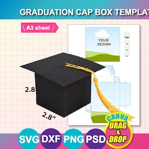 Könnte beinhalten: Eine schwarze Abschlusskappen-Box-Vorlage mit einer gelben Quaste. Die Box ist 7,1 cm hoch und breit. Das Bild enthält den Text "GRADUATION CAP BOX TEMPLATE", "YOUR DESIGN" und "CANVA DRAG & DROP".