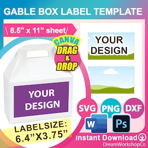6.4 x 3.75 Gable Box Label Template,  SVG, DXF, Canva, Ms Word Docx, Png, Psd, 8.5&quot;x11&quot; sheet, Printable