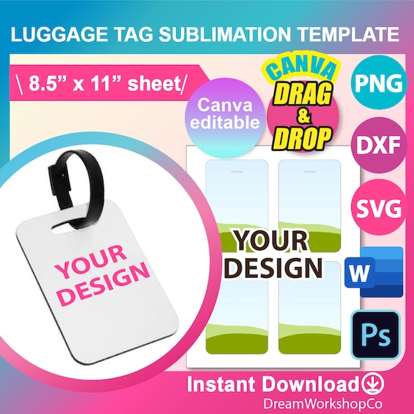 3" x 4.5" Luggage Tag Template, Template for sublimation, SVG, Canva, DXF, Ms Word Docx, Png, Psd, 8.5"x11" sheet, Printable