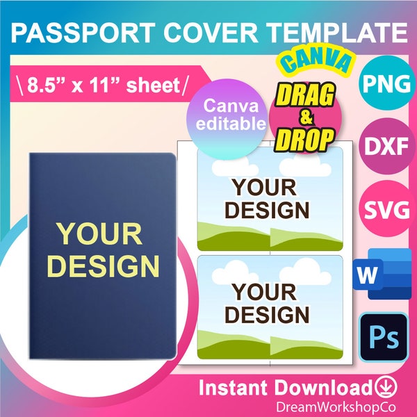 Passport cover Template, SVG, Canva, DXF, Ms Word Docx, Png, Psd, 8.5" x 11" sheet, Printable